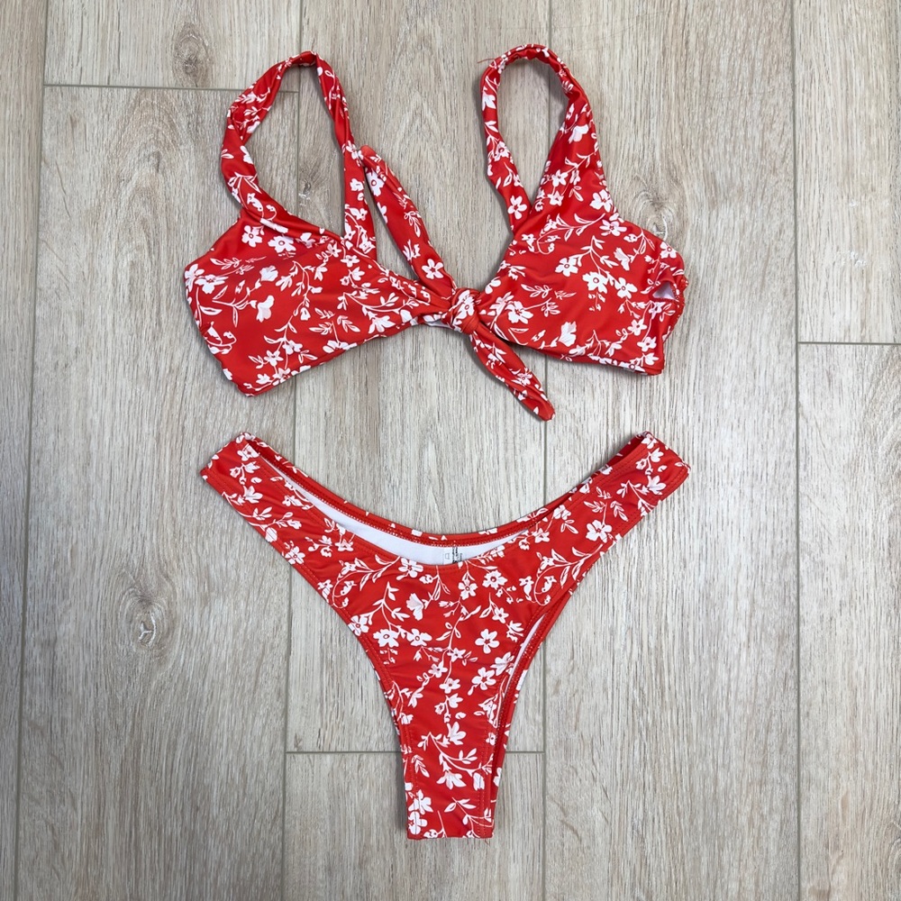 Red Floral Zaful Tie Front Bikini High Cut Cheeky